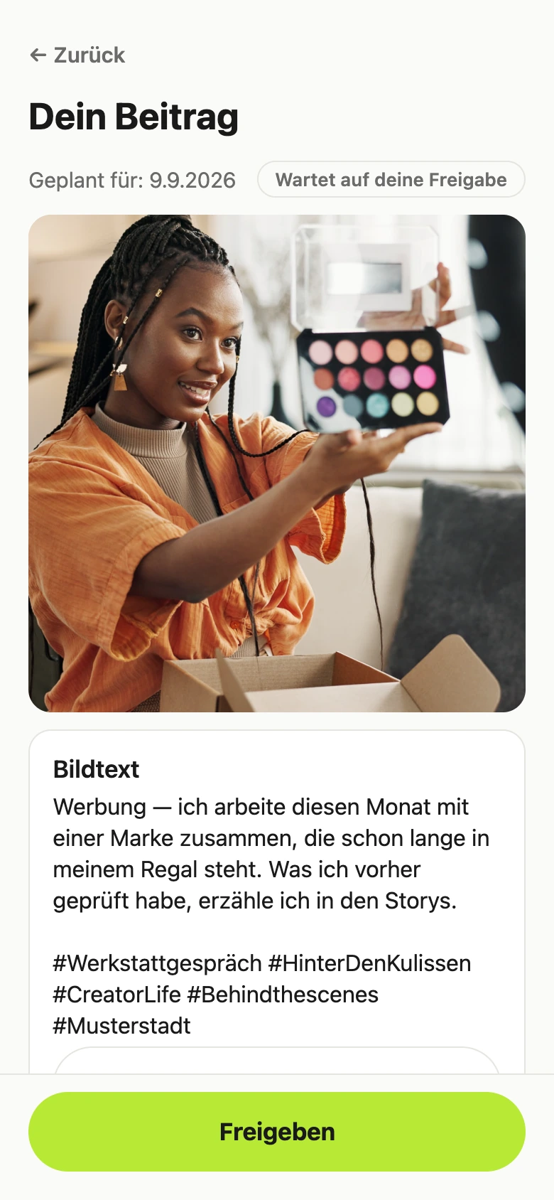 Fertiger Kooperationsbeitrag mit Werbekennzeichnung in der PostOS-Vorschau