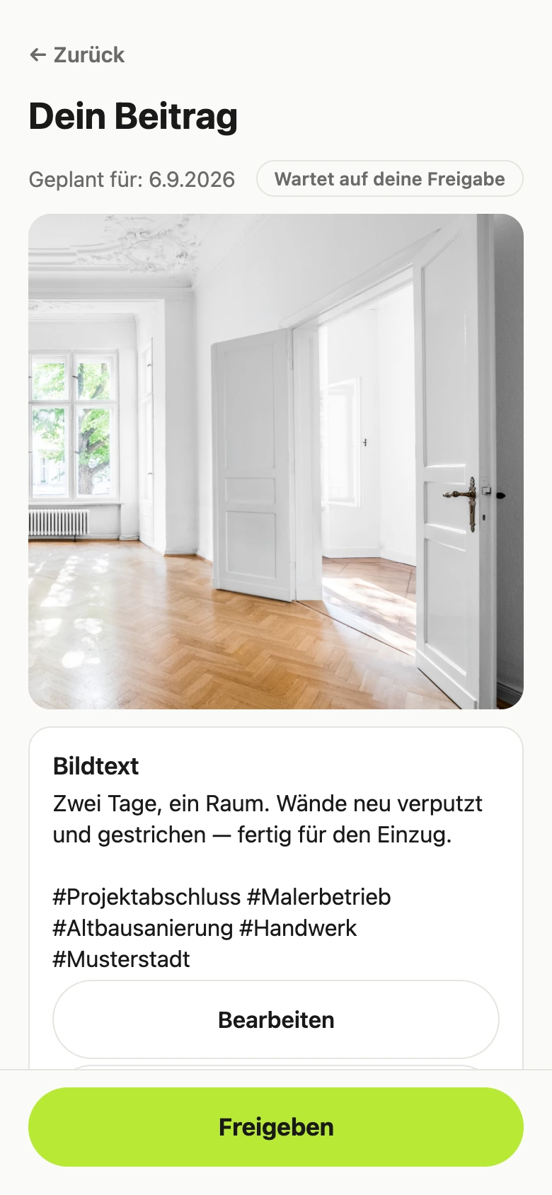 Fertiger Beitrag für einen Handwerksbetrieb in der PostOS-Vorschau: der fertig renovierte Raum mit Bildtext