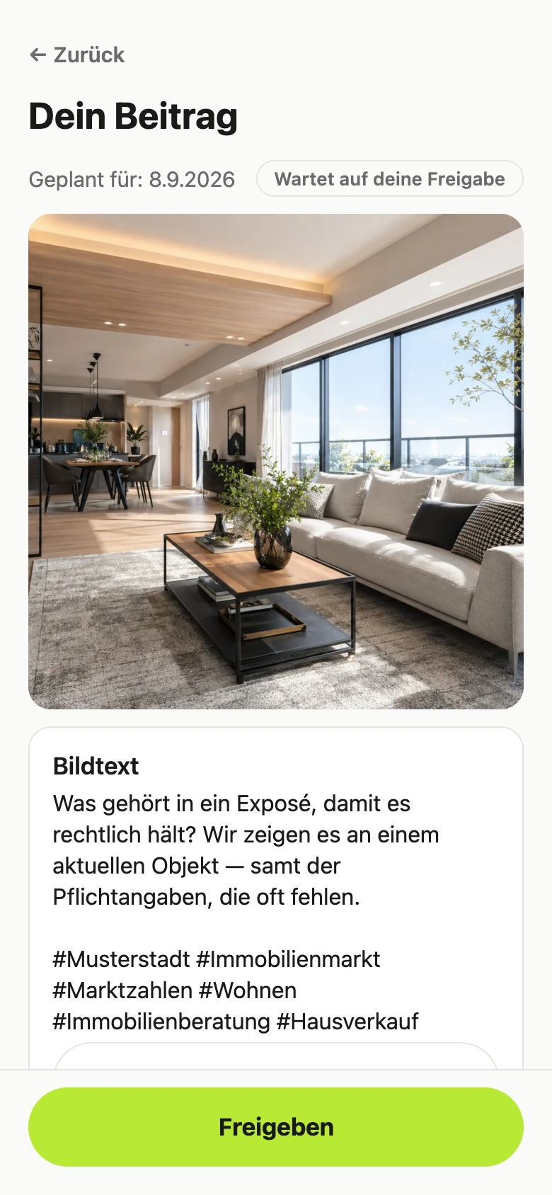 Fertiger Beitrag für ein Immobilienbüro in der PostOS-Vorschau