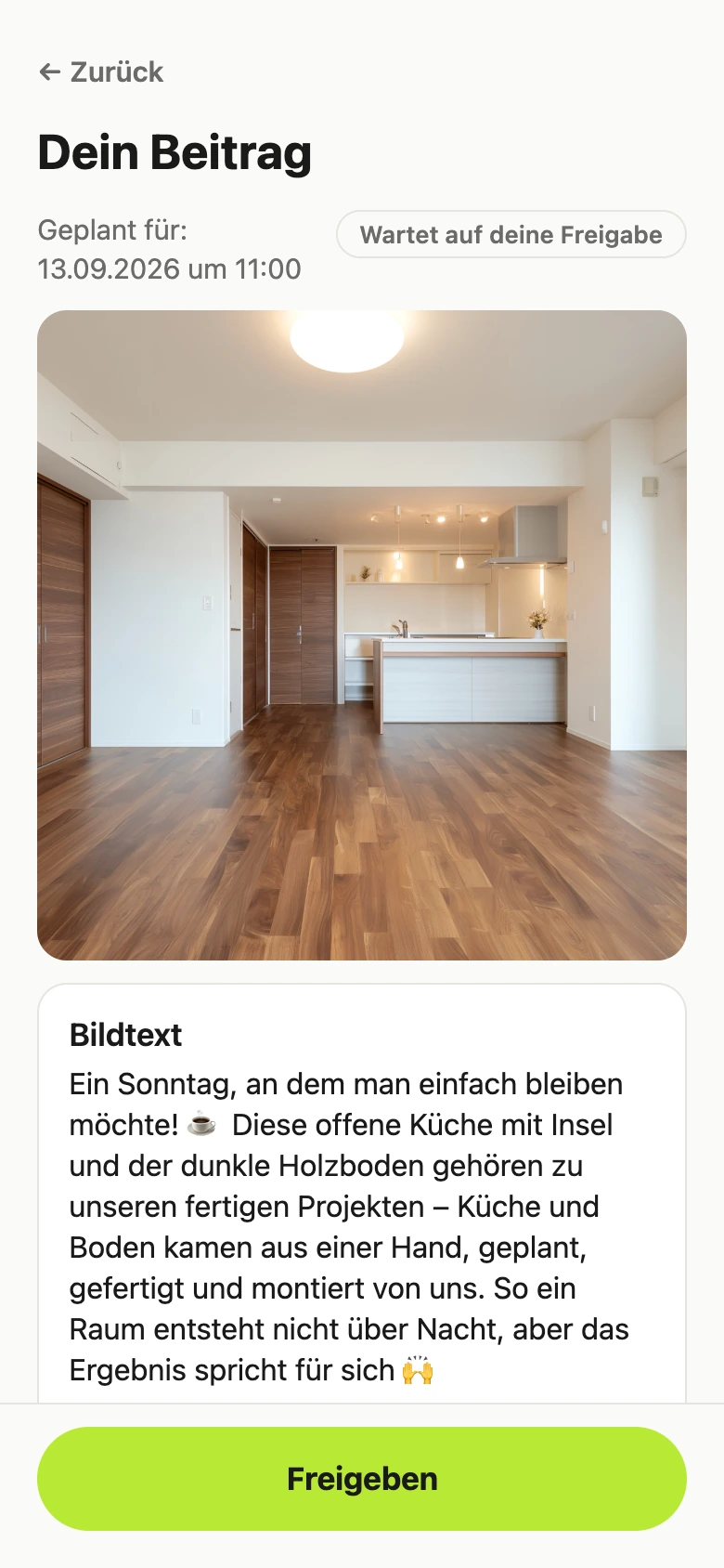 Fertiger Beitrag eines Einrichtungsbetriebs in der PostOS-Vorschau: eine leere, fertig ausgebaute Wohnung mit Einbauküche