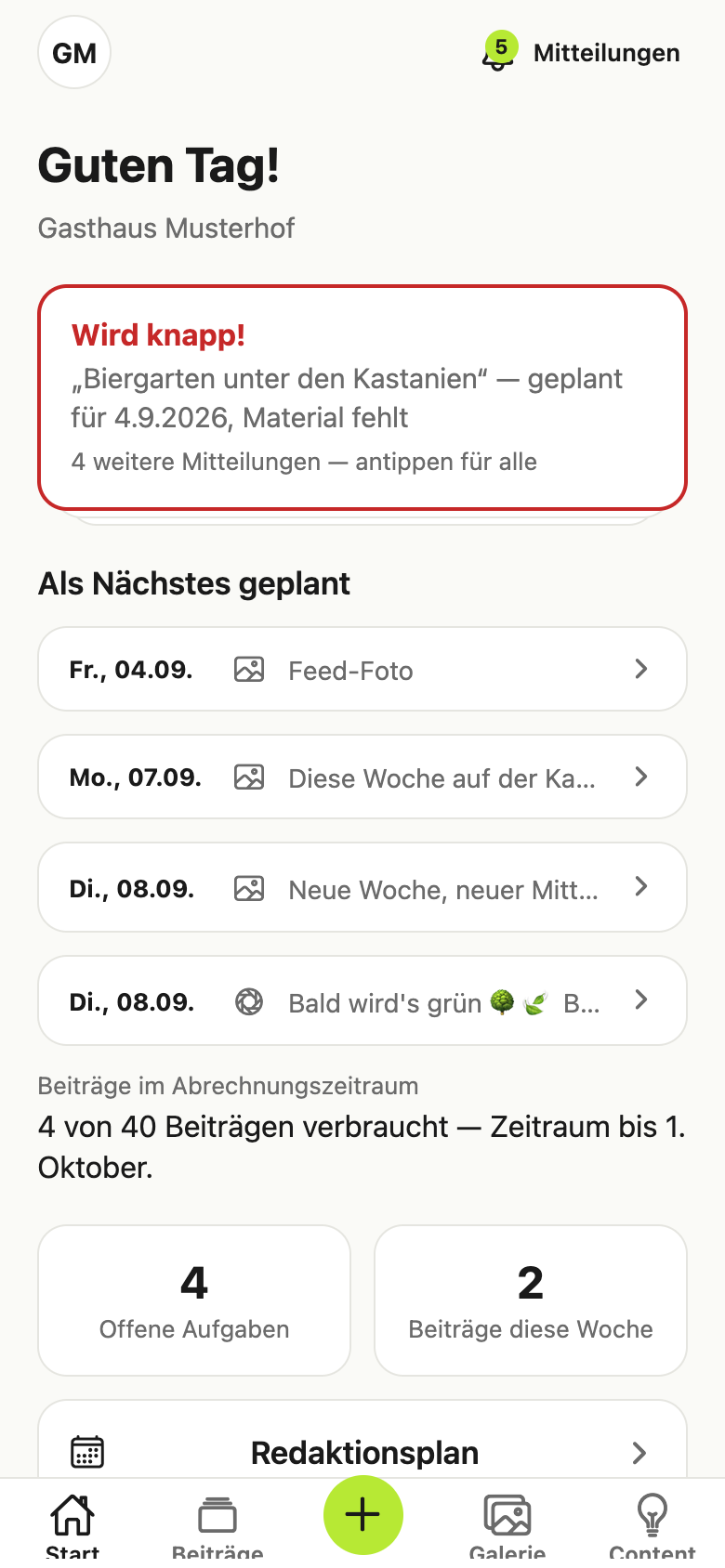 Der Startbildschirm von PostOS für einen Betrieb: was heute ansteht und was auf Freigabe wartet