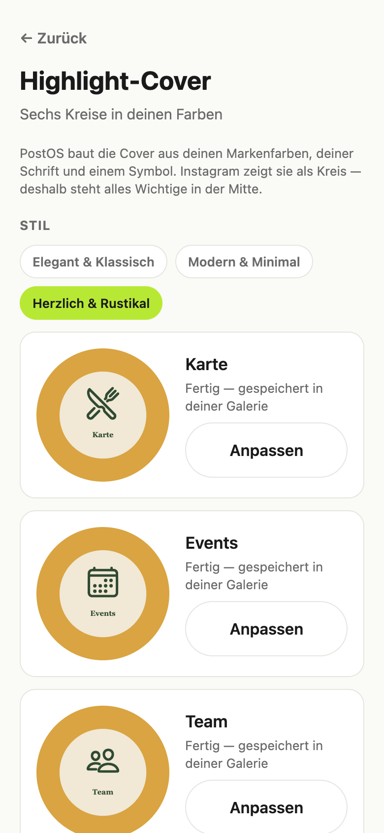 Highlight-Cover in PostOS, erzeugt im Erscheinungsbild des Betriebs