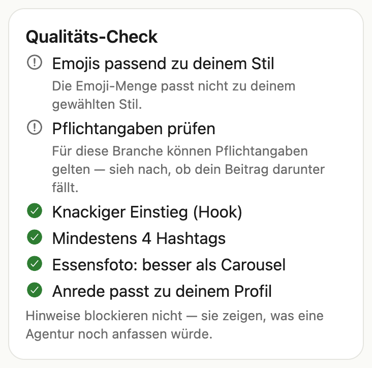 Der Qualitäts-Check in PostOS: offene Hinweise mit Begründung, erfüllte Punkte mit Haken