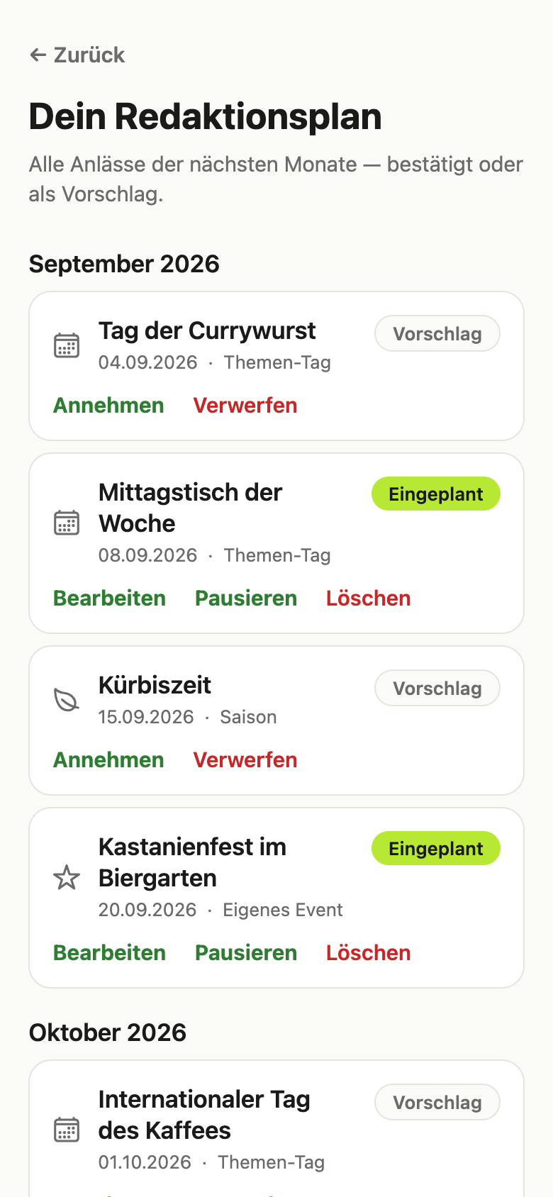 Redaktionsplan in PostOS mit den Anlässen der Branche und ihren Zuständen