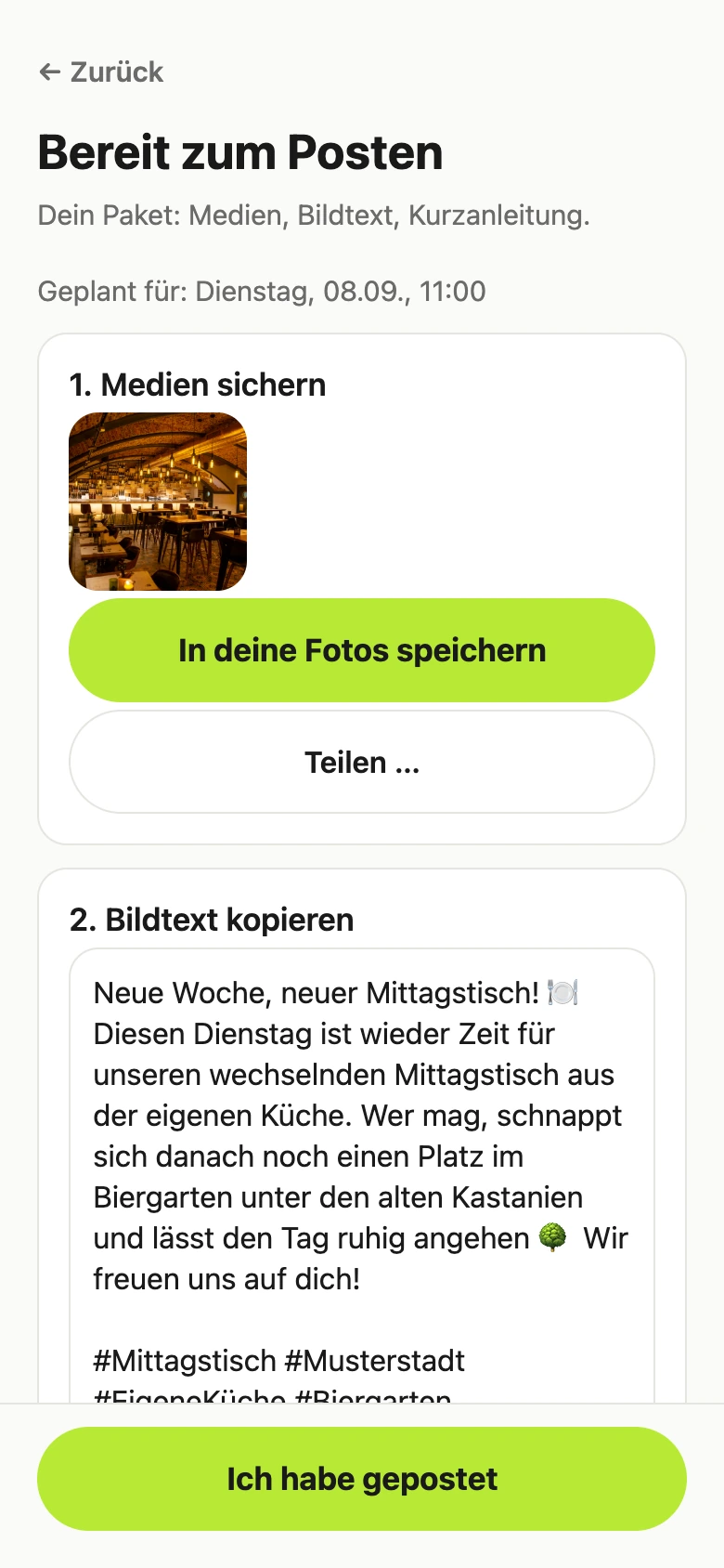 Der Übergabe-Bildschirm in PostOS: Medien sichern, Bildtext kopieren, dann selbst posten